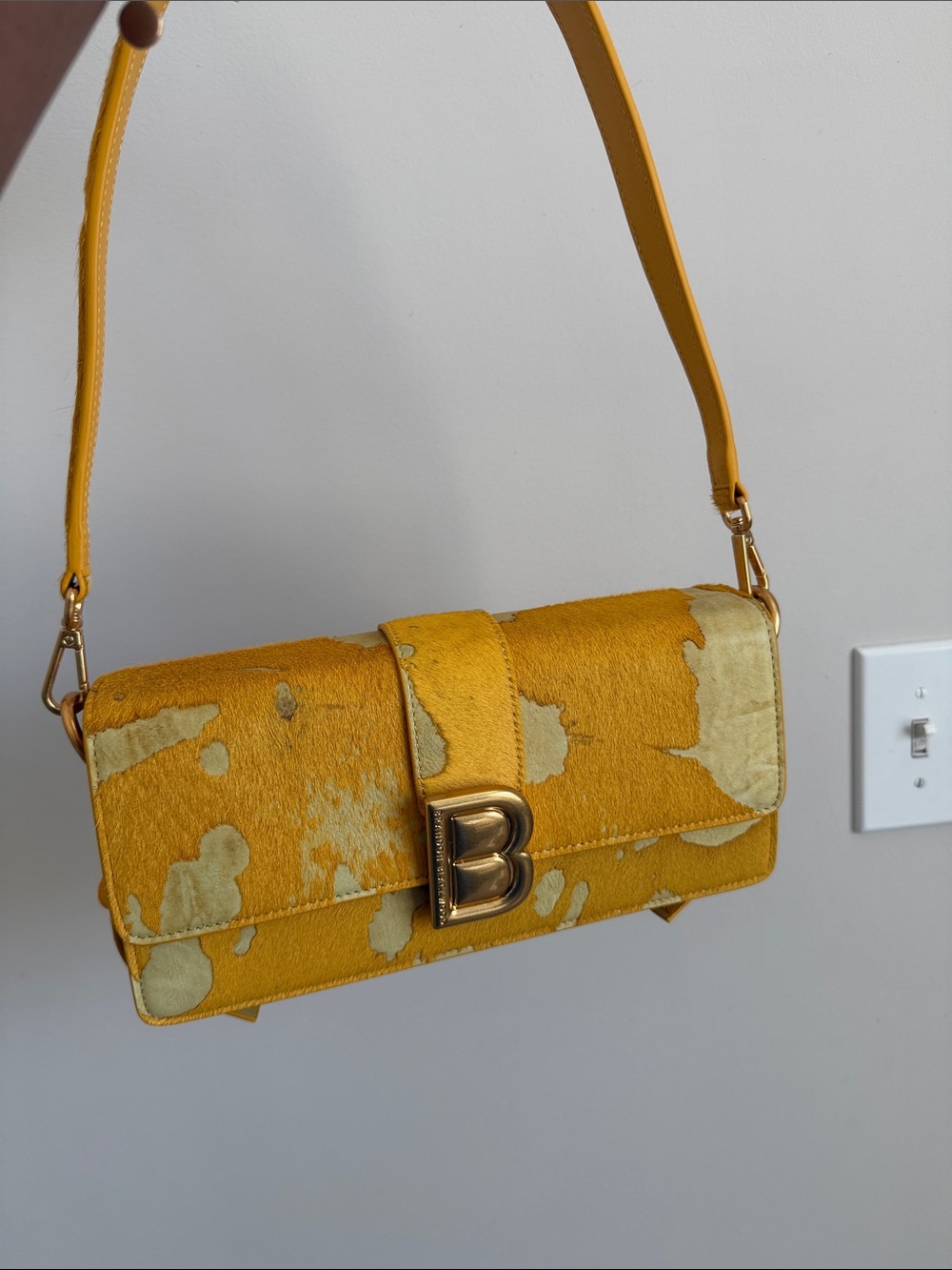 Brandon Blackwood Yellow Patterned Leather Shoulder Bag with Gold B Hardware